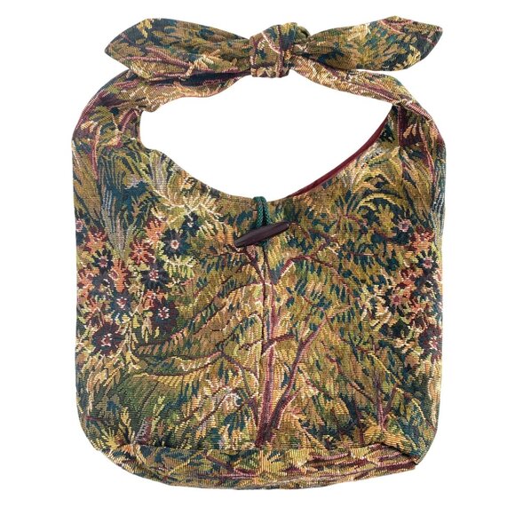 Handmade Tapestry Fabric Shoulder Knot Bag With Bow Tie Strap Toggle Closure - Picture 1 of 9